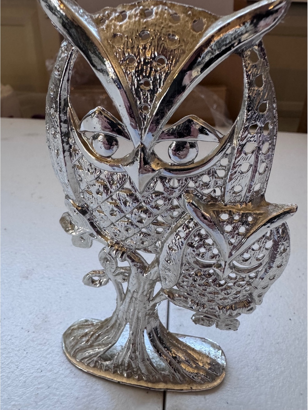 Vintage Torino Silver Tone Owl Family Tree Figurine Openwork Metal Sculpture